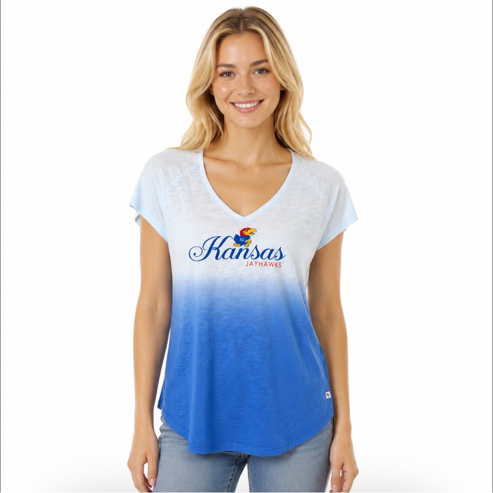 Kansas Jayhawks Womens T Shirt Size Small Dipped Dye Blue Lightweight Textured